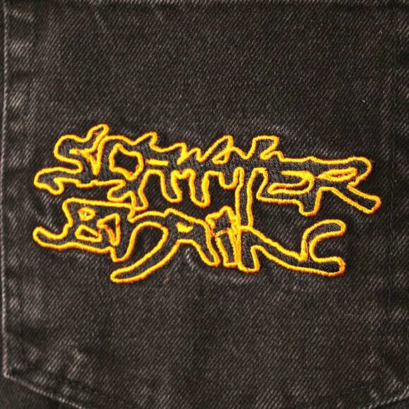 77'S HIP HOP BLACK EMBROIDERED PATCH BAGGY CARPENTER SK8R JEANS SZ Lg GRUNGE - Picture 8 of 14